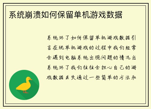系统崩溃如何保留单机游戏数据